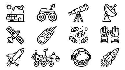 Space Exploration Icons: Rocket, Rover, Astronaut, Telescope, Satellite, Nebula, Comet, Observatory © Afganganteng