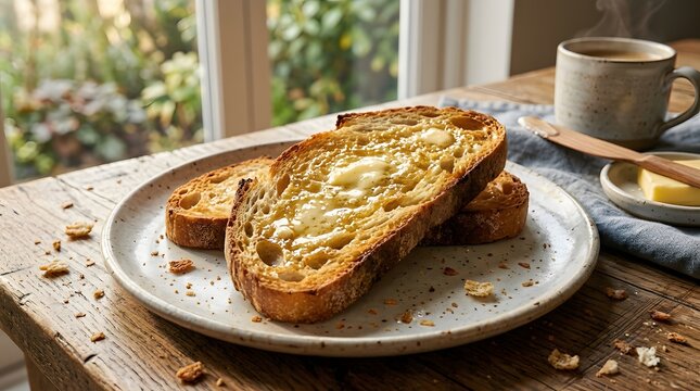 Deliciously golden toasted bread slices generously coated with melted butter, presented on a rustic plate with a steaming cup of coffee and a butter dish in the background