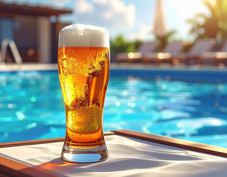プールサイドに置かれた冷えた生ビール　夏のリゾートを感じさせる泡立つ黄金色のビールグラスと屋外プールの風景　居酒屋のメニューや夏の広告チラシに活用できるシズル感のあるドリンク素材