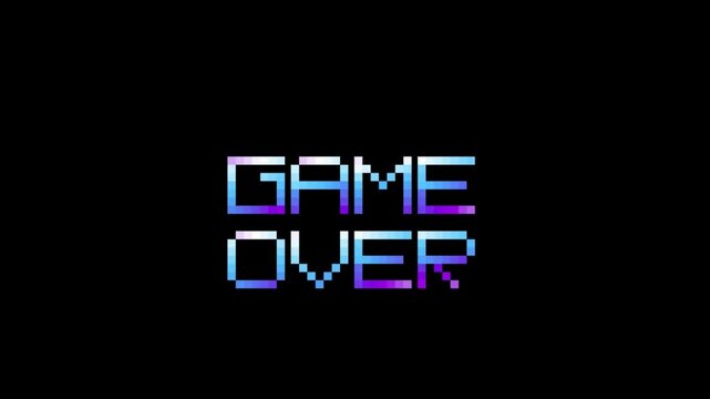 Retro 8 Bit Arcade Game Over Text Screen Motion Graphic Animation With Neon Lightning Glitch Effect On Black Background