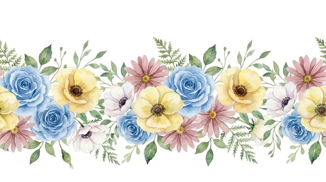Horizontal floral border with blue roses and daisies.
