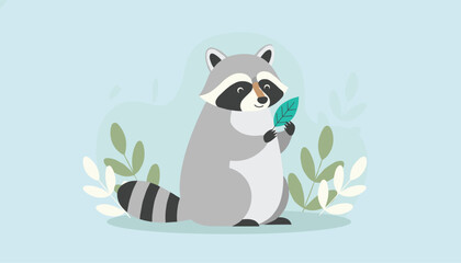 Naklejka premium Adorable furry gray raccoon sitting and holding a green leaf against a soft blue background with simple plants.
