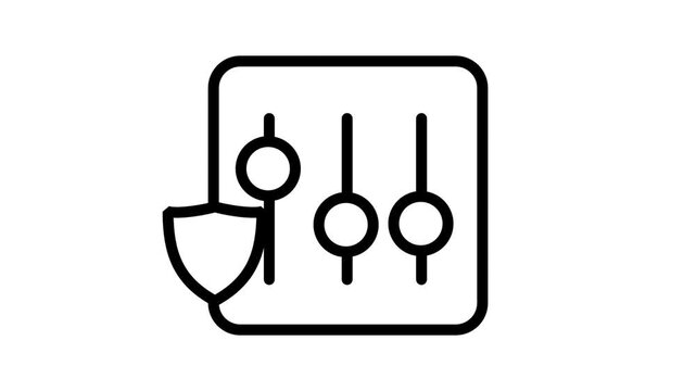 Secure Control Settings Animation. Animated line icon showing equalizer sliders alongside a protective shield for secure system control and audio settings.
