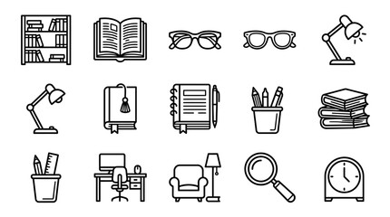 Collection of Study and Office Icons: Bookshelf, Desk, Lamp, Glasses, Magnifying Glass © Anginbenjol