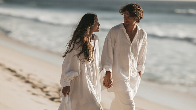 Loving couple walking hand in hand on a sandy beach at sunset, sharing a romantic moment by the ocean, celebrating their relationship and connection