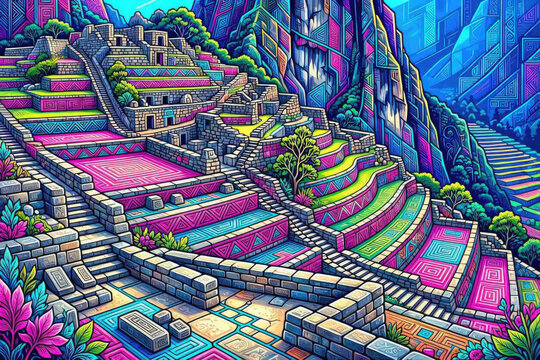 Vibrant Maximalist Choquequirao Inca Ruins Chaos Design Vector