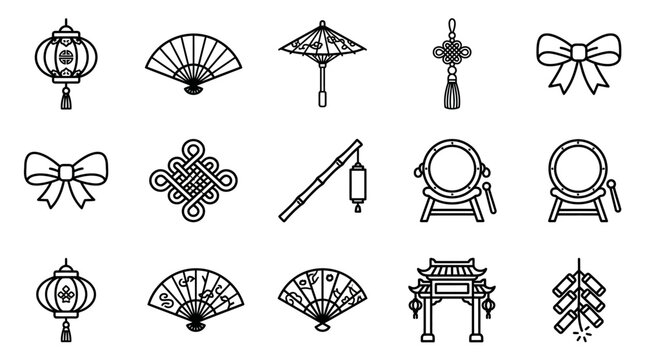 Chinese New Year Icons: Lanterns, Fans, Drums, Firecrackers, Bows, Knots, Umbrella