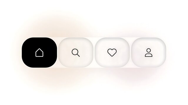 Modern mobile application bottom navigation bar with four rounded white translucent buttons featuring home search heart and profile icons isolated on blurred soft light background design.
