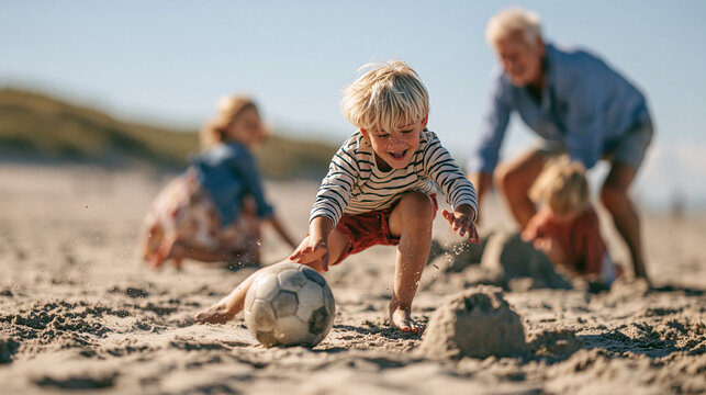 Happy boy playing soccer with family on beach, enjoying summer vacation, feeling cheerful, having fun while creating sandcastles by the ocean
