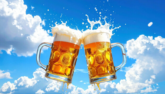 青空を背景に乾杯する二つのジョッキに入った生ビール　泡立ちと飛沫が爽快な夏のお祝いや宴会をイメージさせる飲料のプロモーション画像　居酒屋のメニューや飲食店広告に活用できるコピースペースのあるビール素材