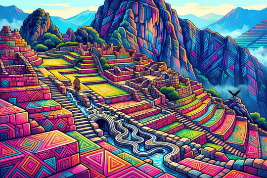 Vibrant Maximalist Choquequirao Inca Ruins Chaos Design Vector