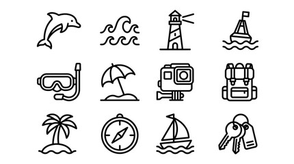 Summer Vacation Icons: Dolphin, Waves, Lighthouse, Buoy, Snorkel, Beach Umbrella, Action Camera, Backpack © Domboancok