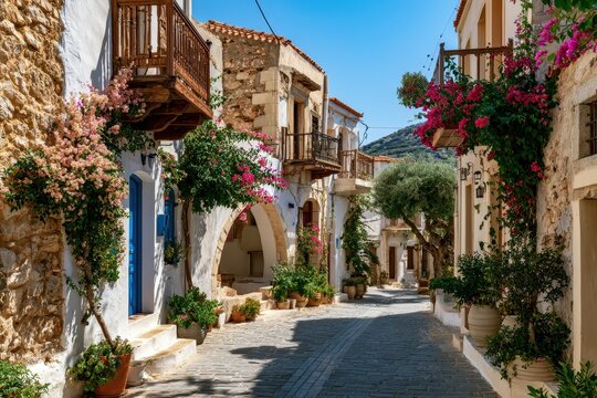 Old town charm in Archanes, Crete: narrow alleys, archways, and olive trees framing a sunlit hillside