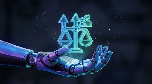 Employment labor law hr manager online legal services company concept with robot hand and justice scale hologram