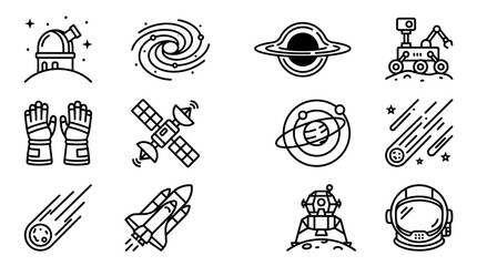 Space Exploration Icons: Galaxy, Black Hole, Rocket, Astronaut Helmet, Satellite © Domboancok