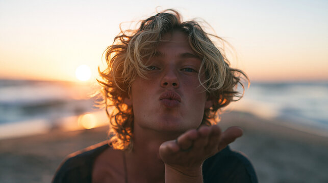 Young man blowing a kiss at sunset on a beach, feeling love and romance, expressing affection with golden hour light on his face and curly hair
