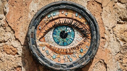 Obraz premium Circular mosaic eye art on rustic stone wall, featuring vibrant blue iris and teardrop glass beads, artistic protection symbol.