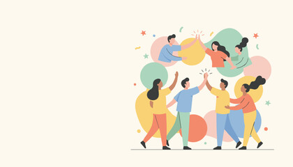 Fototapeta premium Diverse group of young people celebrating success and giving high fives with colorful abstract background shapes.
