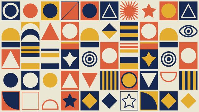 Abstract geometric pattern with colorful shapes including circles triangles and squares in retro bauhaus mid century style.
