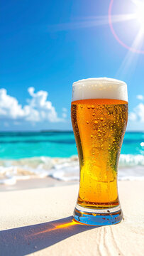 青い海と空を背景にした砂浜の冷えたビール　夏のリゾートや居酒屋の広告に使用できる泡立つグラスとコピースペースのある爽やかな夏のイメージ写真素材