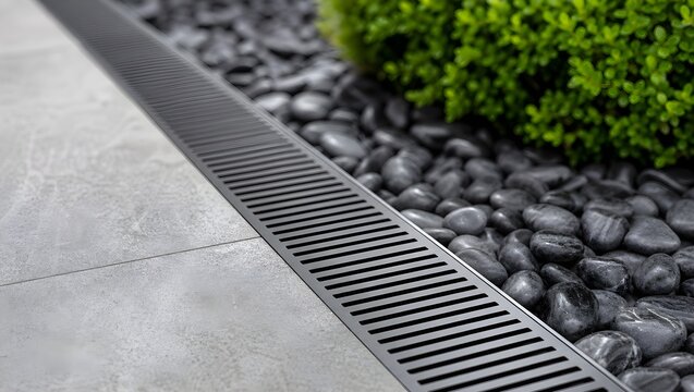 Modern Backyard Drainage Solution Featuring Grey Stone Pavers and Decorative Black River Rocks