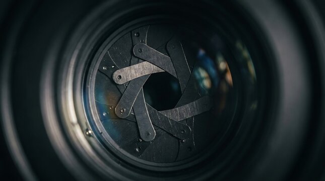 Macro close-up of camera lens aperture blades, mechanical optical diaphragm mechanism for World Photography Day concept.