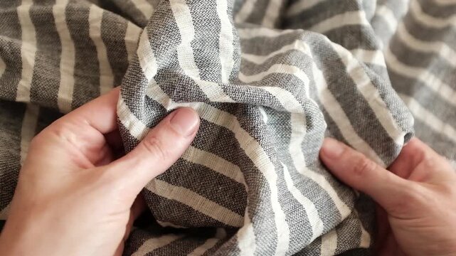 Navy blue and white striped linen fabric. Ideal for summer fashion promos, textile industry presentations, coastal interior decor themes, sewing and tailoring business, textile stores.
