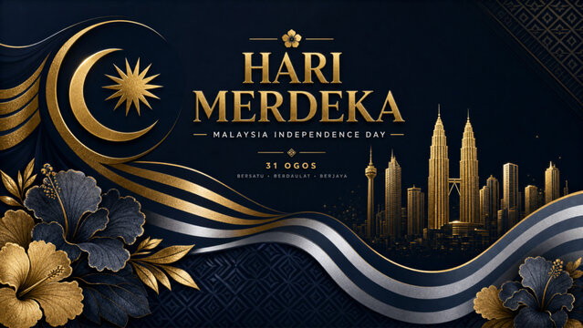 Malaysia Merdeka Day 69 banner featuring golden hibiscus, Kuala Lumpur skyline, and patriotic colors for national celebrations, social media, events, and promotions