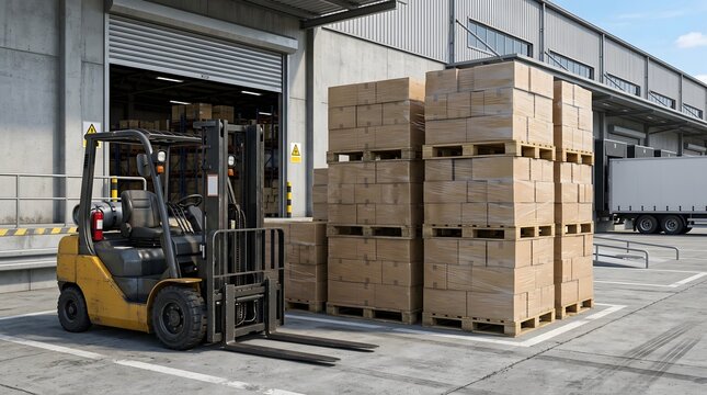 Warehouse loading and unloading operations with a forklift and stacks of cardboard boxes, industrial logistics