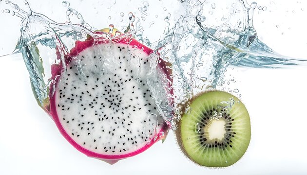 Fresh dragon fruit and kiwi falling into water creating splashes