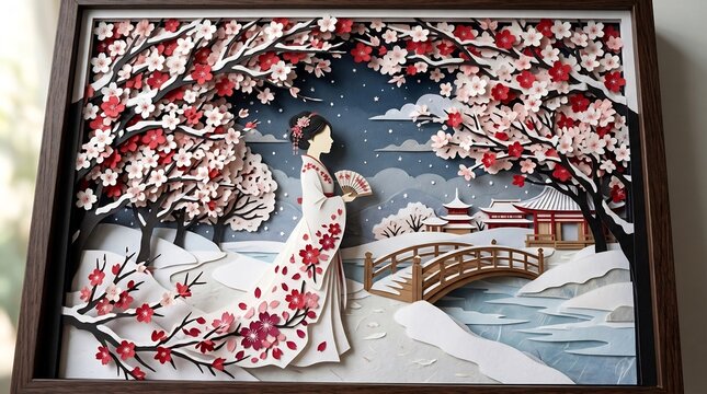 3D paper cut artwork of Japanese woman in kimono among winter cherry blossoms, bridge, and temple. Traditional Asian papercraft shadow box illustration.