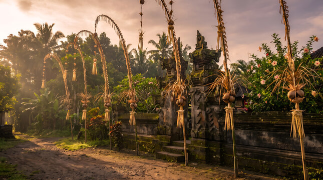 Traditional Balinese penjor near a temple courtyard, capturing bamboo craftsmanship, tropical architecture and cultural heritage for travel and editorial content.