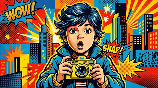 Surprised boy holding yellow camera in comic book pop art illustration, featuring vibrant city background and retro text for World Photography Day.
