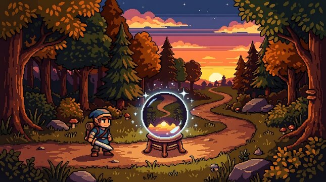 Pixel art fantasy adventurer discovering a glowing magical crystal ball on a forest path at sunset, 16-bit retro RPG video game style background.
