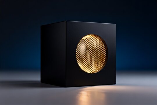 Modern black cube speaker with golden grille