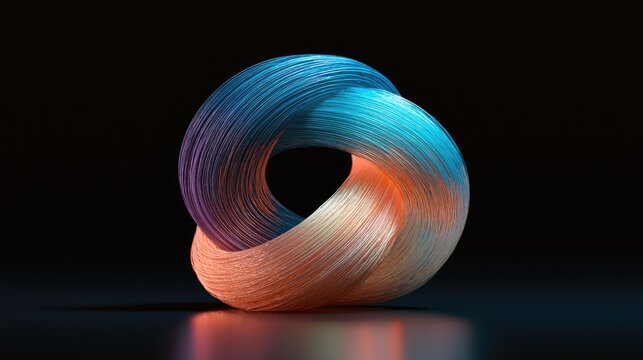Intertwined toroidal form with blended blue and orange hues on black