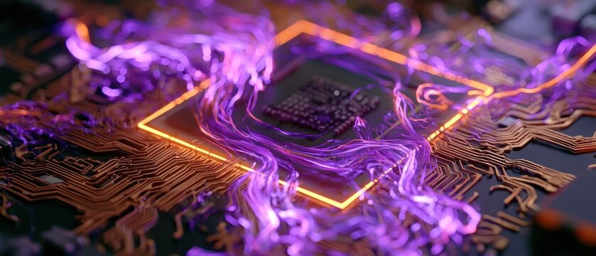 Abstract digital circuit board with glowing purple energy flow over cpu