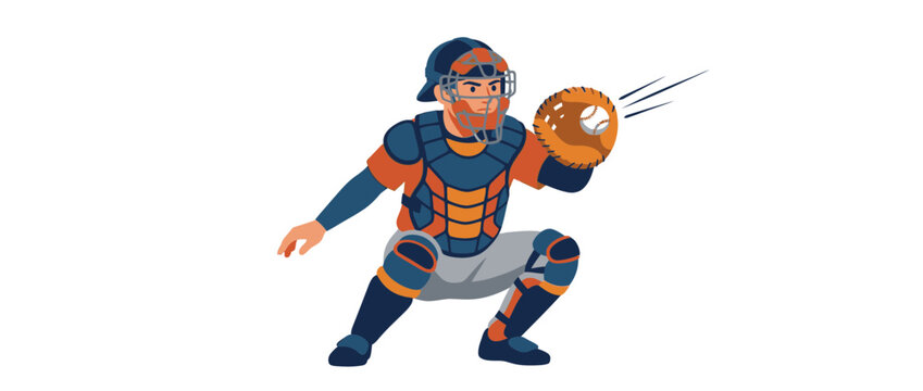 Baseball catcher in gear, squatting, catching a ball in mitt, action pose