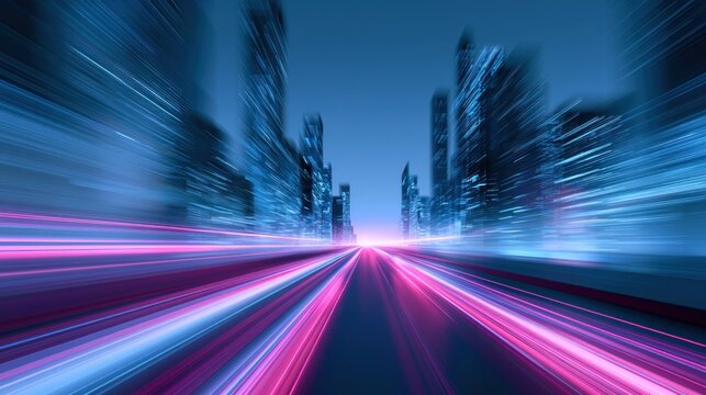 Abstract cityscape with light trails at high speed