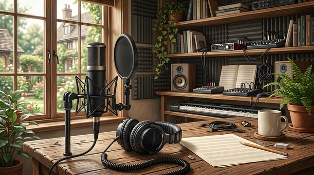 Cozy home recording studio setup with professional microphone, headphones, and musical instruments on a wooden desk near a window, creating a perfect ambiance for music production and creativity