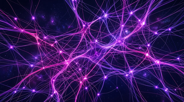 Abstract digital background featuring glowing purple neural network connections representing artificial intelligence deep learning and complex data science technology concepts
