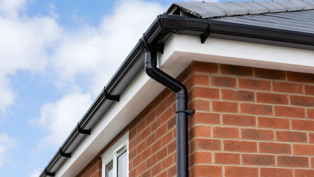 Black Plastic Guttering and Downpipe System Installed on a Red Brick House Residential Roof