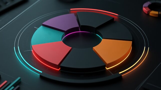 Futuristic 3 d pie chart with neon accents and data visualization