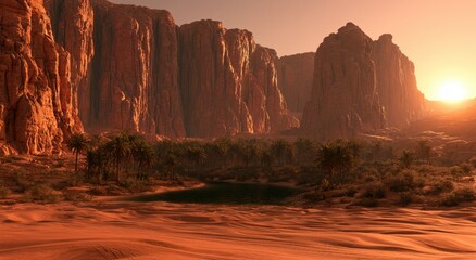 Dramatic desert canyon vista with a serene oasis and a warm, setting sun
