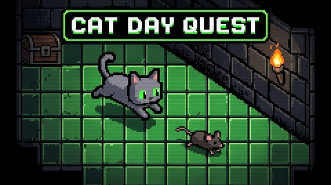 Pixel art cat chasing mouse in dungeon, retro gaming style, Cat Day Quest title, 8-bit fantasy adventure, treasure chest and torch visuals.