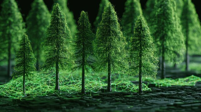 Digital forest evergreen trees connected by glowing green network