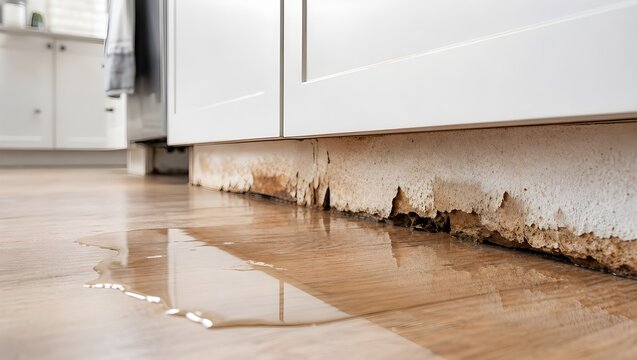 Water Leaking Under Kitchen Cabinets Causing Extensive Damage to the Wooden Floor Base