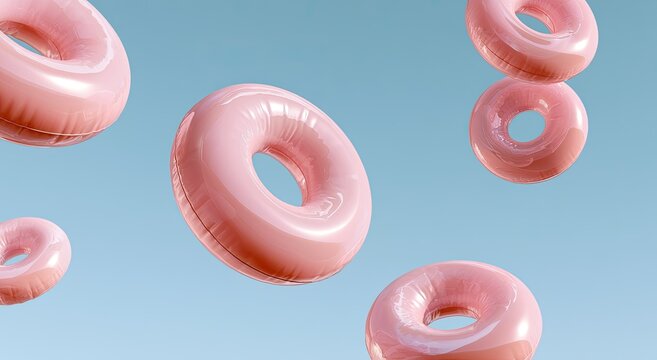 Pink inflatable rings float against a serene pale blue sky