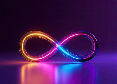 Gleaming infinity symbol illuminated by vibrant neon in dark, reflective space