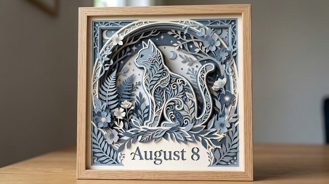 Intricate 3D papercut cat art with botanical patterns, celebrating International Cat Day on August 8 in a wooden shadowbox frame, blue and cream aesthetic.